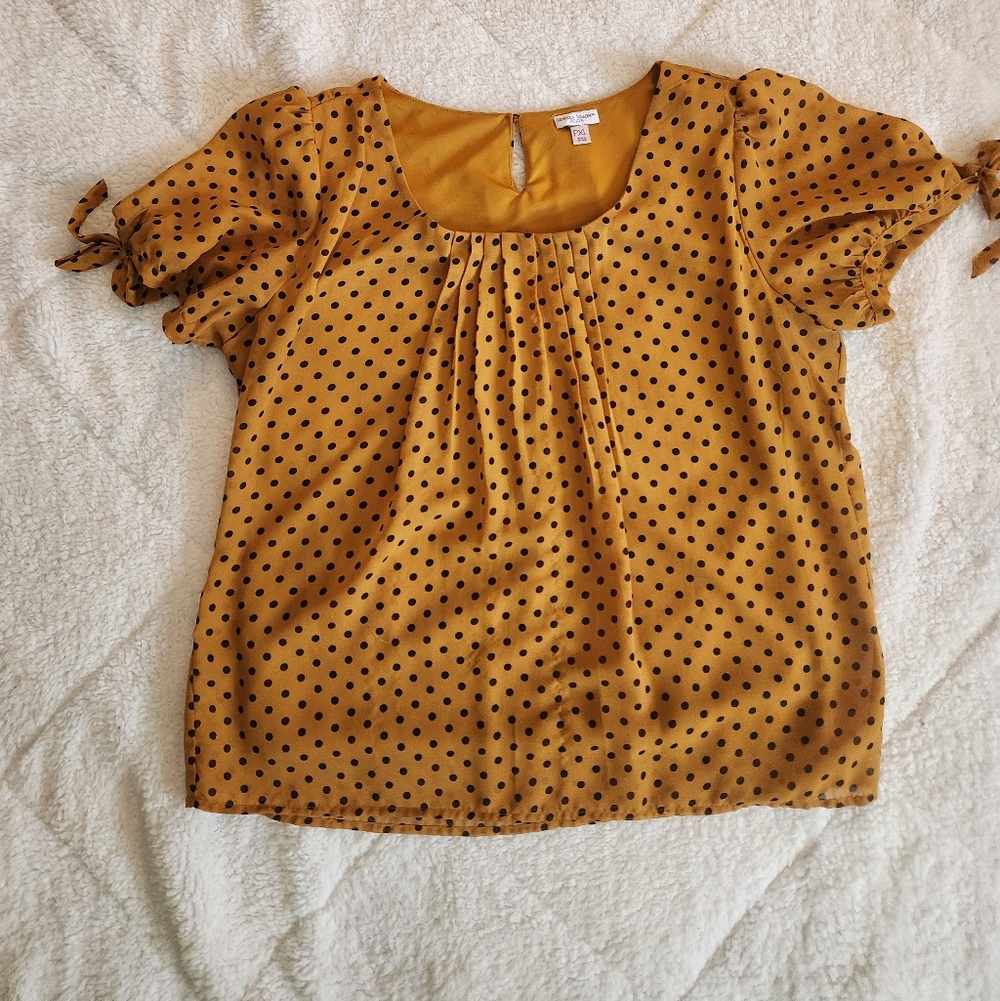 Petite XL Rebecca Malone short-sleeve polka-dot blouse Puff Sleeves With Bow Tie